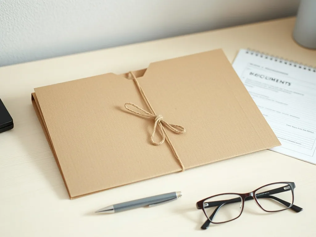 A cardboard document folder tied with string on a desk beside a pen and a pair of reading glasses.