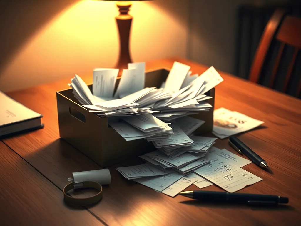 A shoebox spilling folded paper receipts across a wooden table under a lamp.