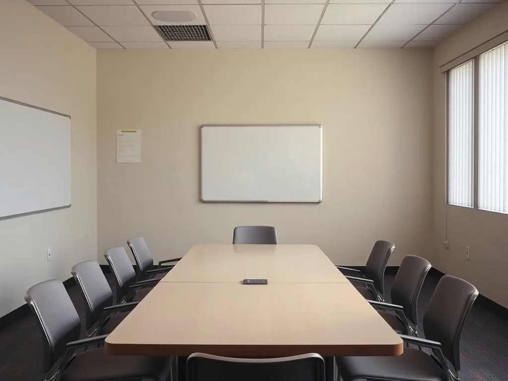 A plain library meeting room with a laminate table, stacking chairs around it and daylight through vertical blinds.